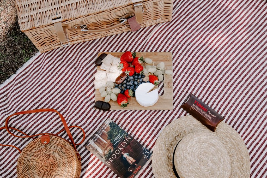 a table with a basket of objects on it