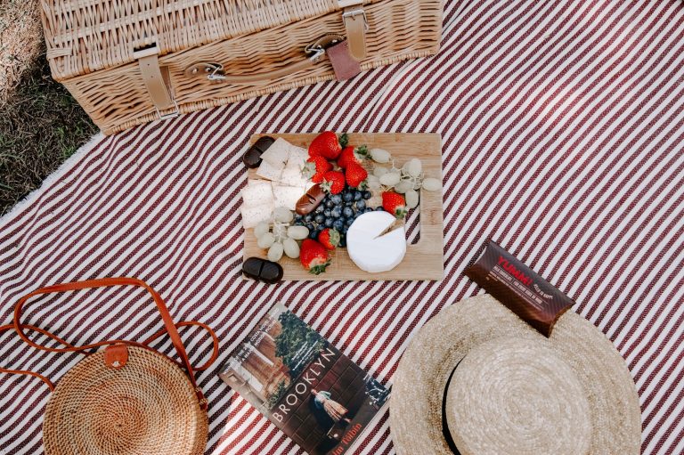 a table with a basket of objects on it