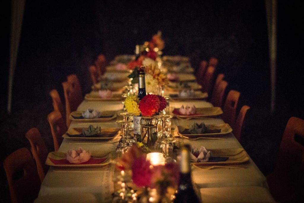 a table set with plates and food