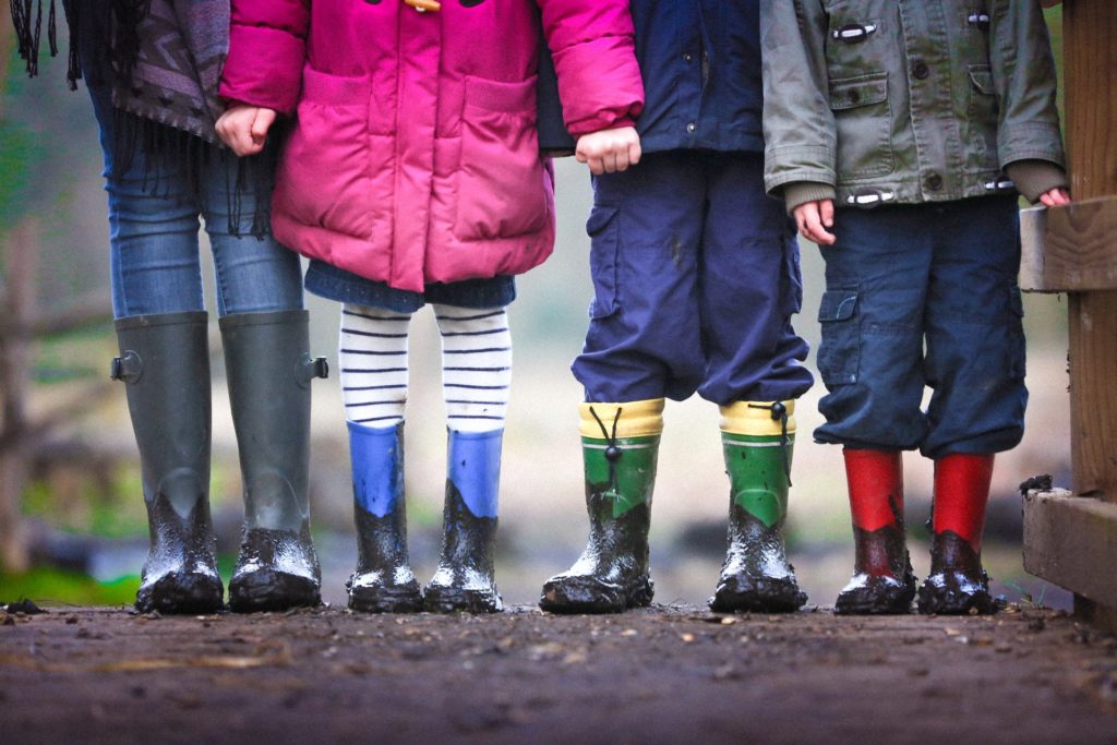 a group of people standing in a line