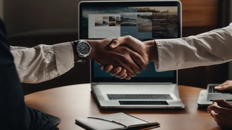 two professionals shaking hands across a table with a laptop open to a graphically designed website layout.