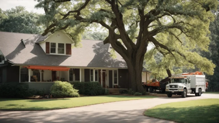 a large tree stands next to a house, with a professional tree removal service truck parked in the driveway, equipment ready for operation.