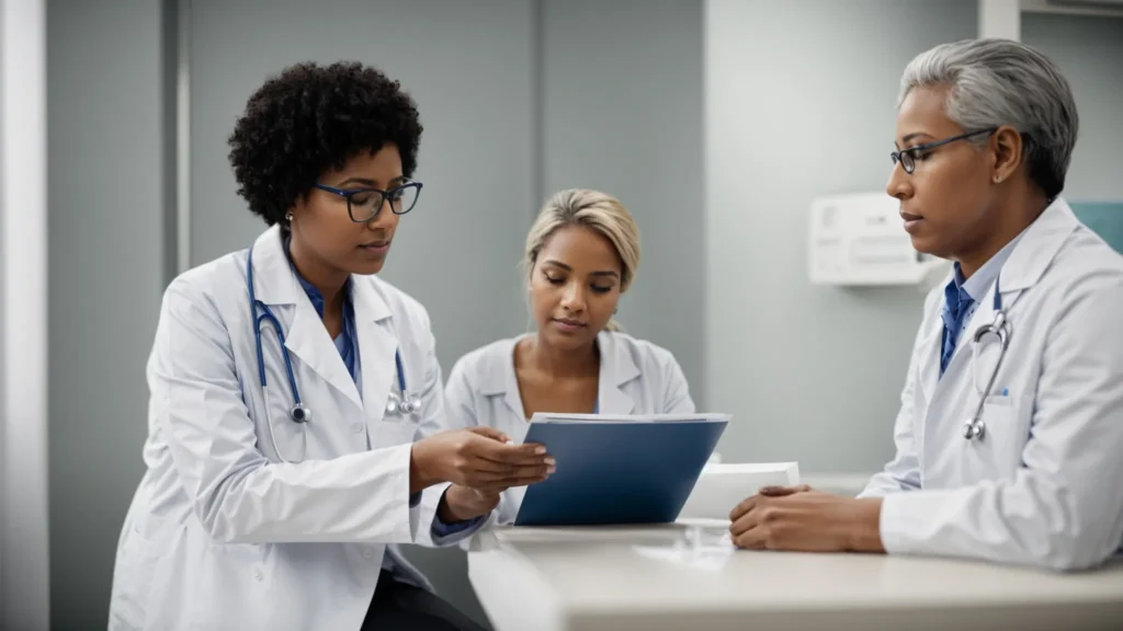 a doctor explains a treatment plan to an attentive patient in a bright, modern clinic.