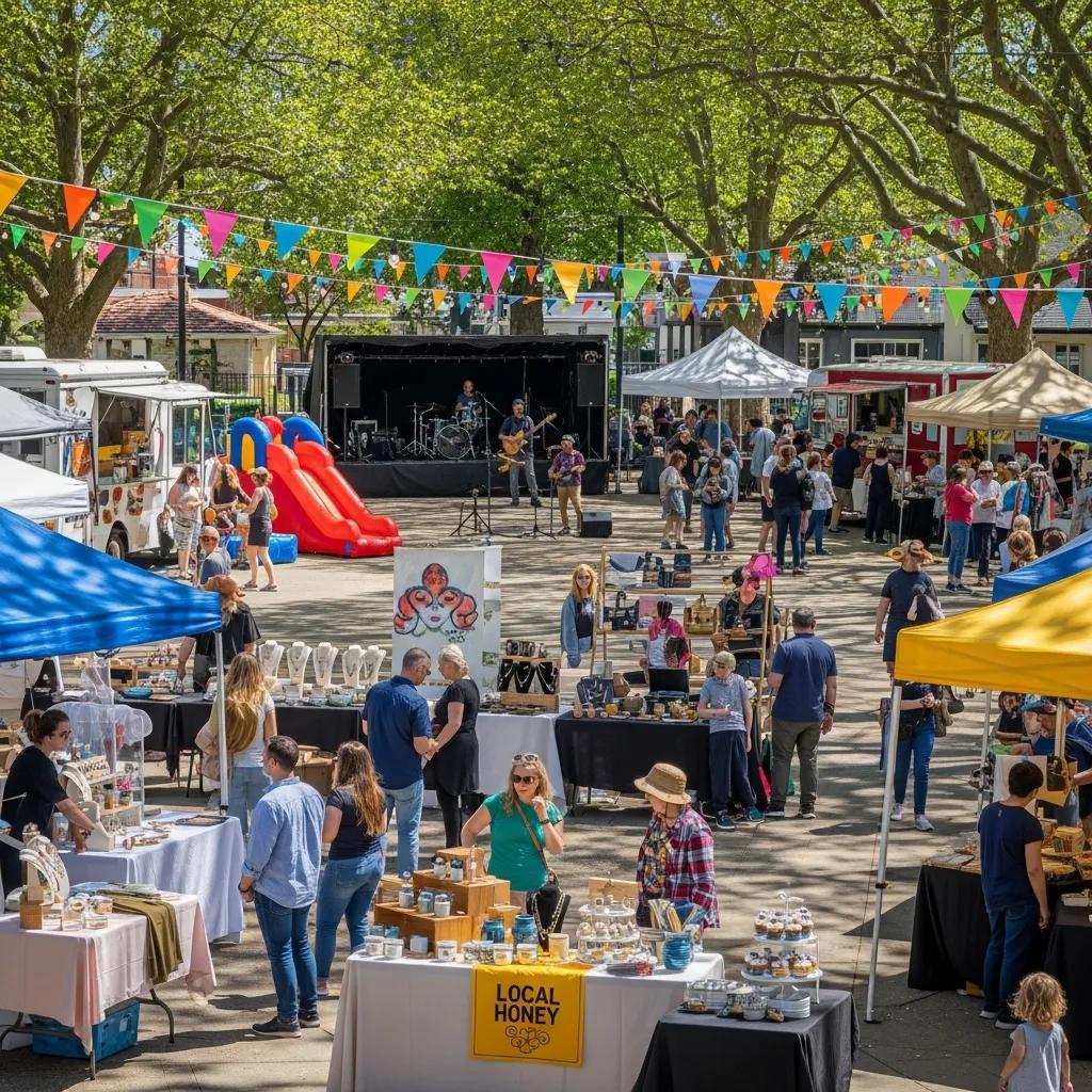 Lively community event in Albany with local vendors and residents engaging in activities