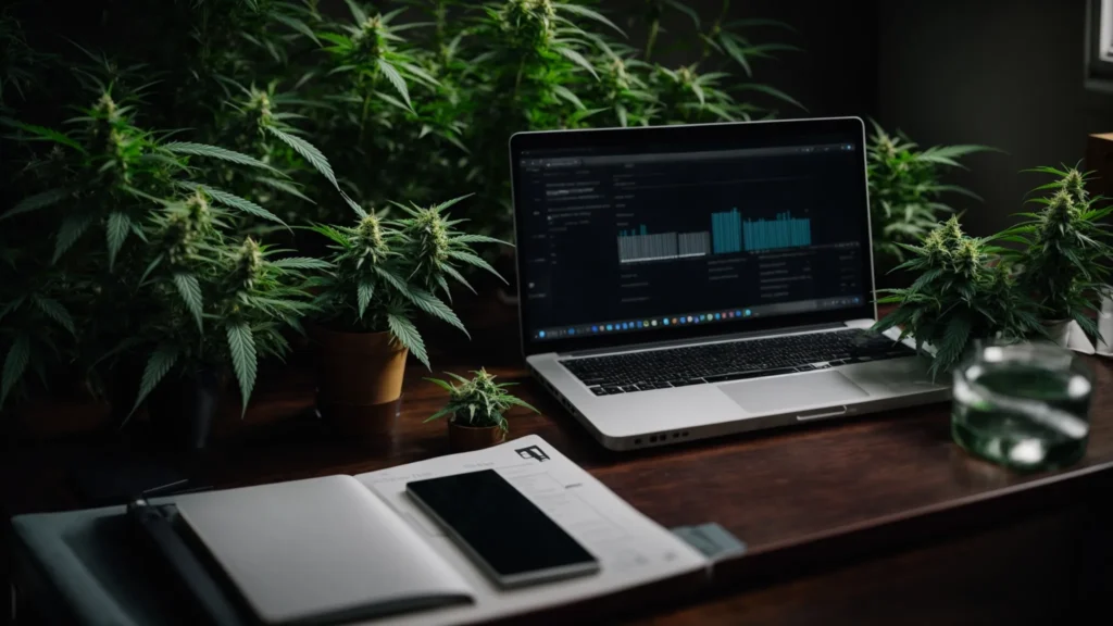 a laptop open on a desk with a thriving cannabis plant in the background, highlighting a modern digital marketing strategy.