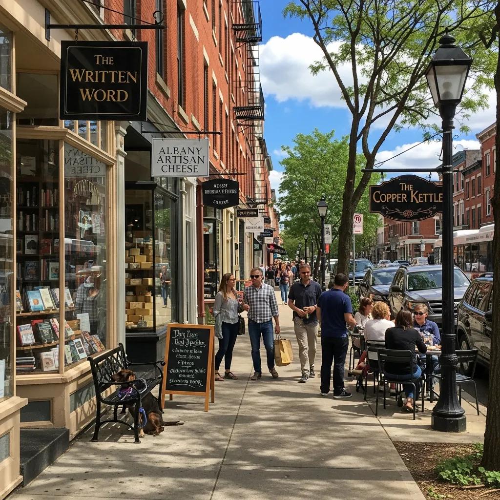 Vibrant street scene in Albany showcasing local businesses and community engagement