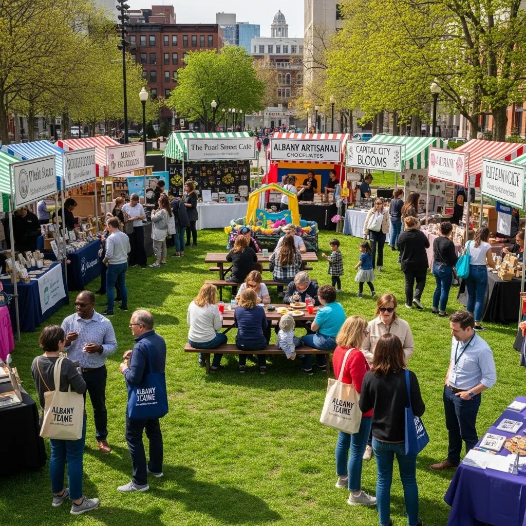 Community event in Albany, NY, featuring local business owners networking and engaging with residents