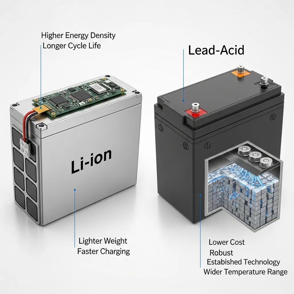 Comparison of lithium-ion and lead-acid batteries showcasing their features
