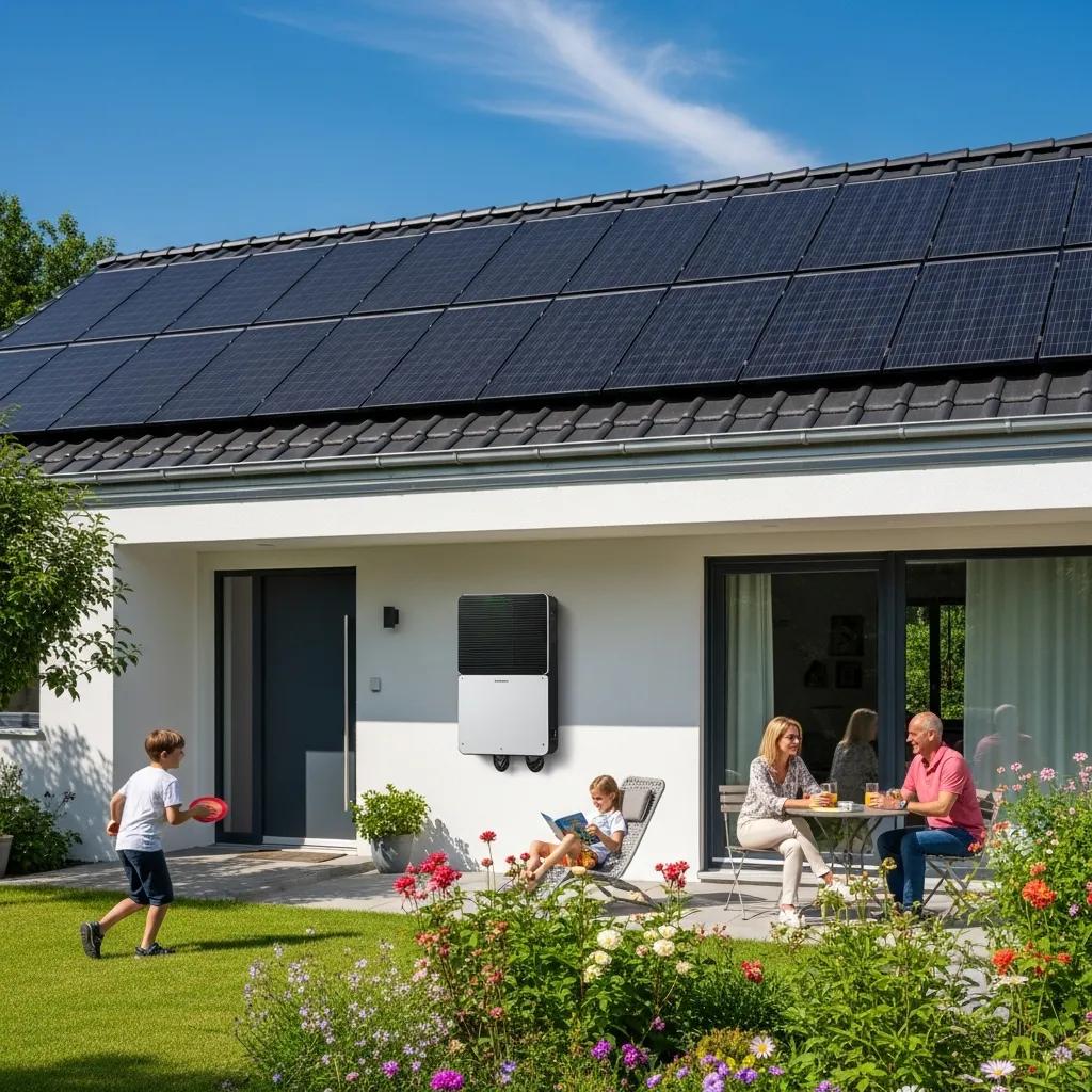 Modern home with solar panels and battery storage system under clear skies
