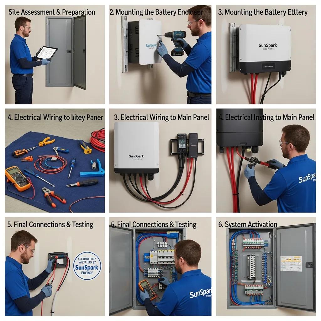 Technician installing solar battery storage system in a residential setting
