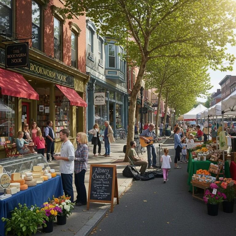 Vibrant street scene in Albany, NY, highlighting local businesses and community engagement