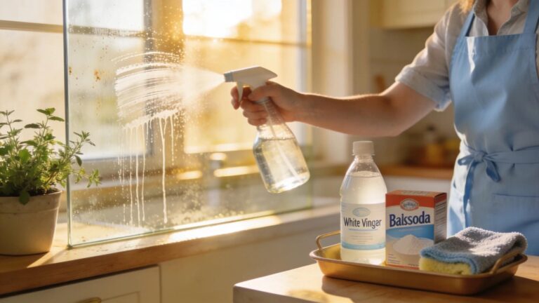 A person cleaning glass surfaces with vinegar and a spray bottle to remove hard water stains in a bright kitchen setting.