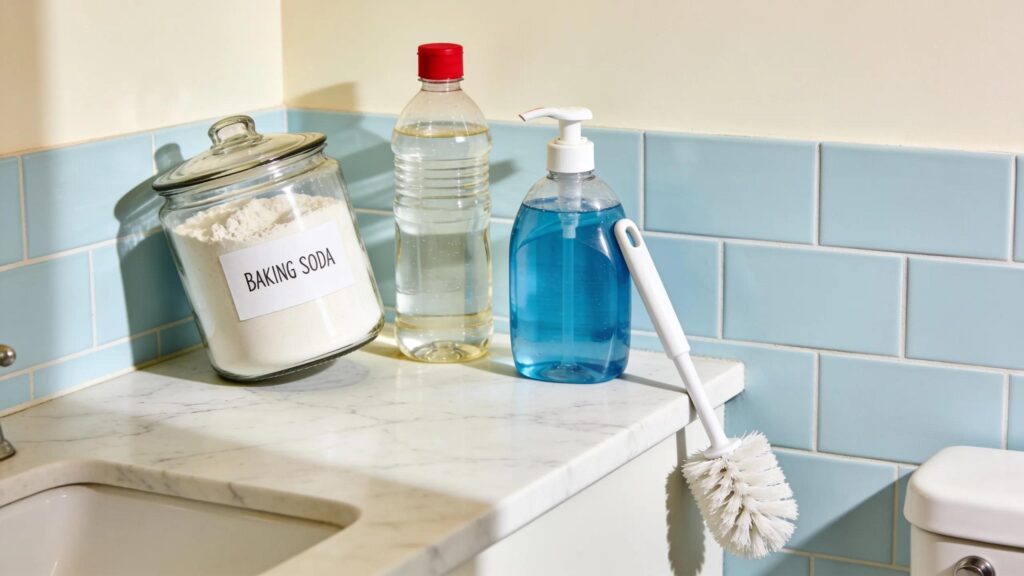 Household items for unclogging a toilet including baking soda, vinegar, and dish soap arranged on a bathroom countertop