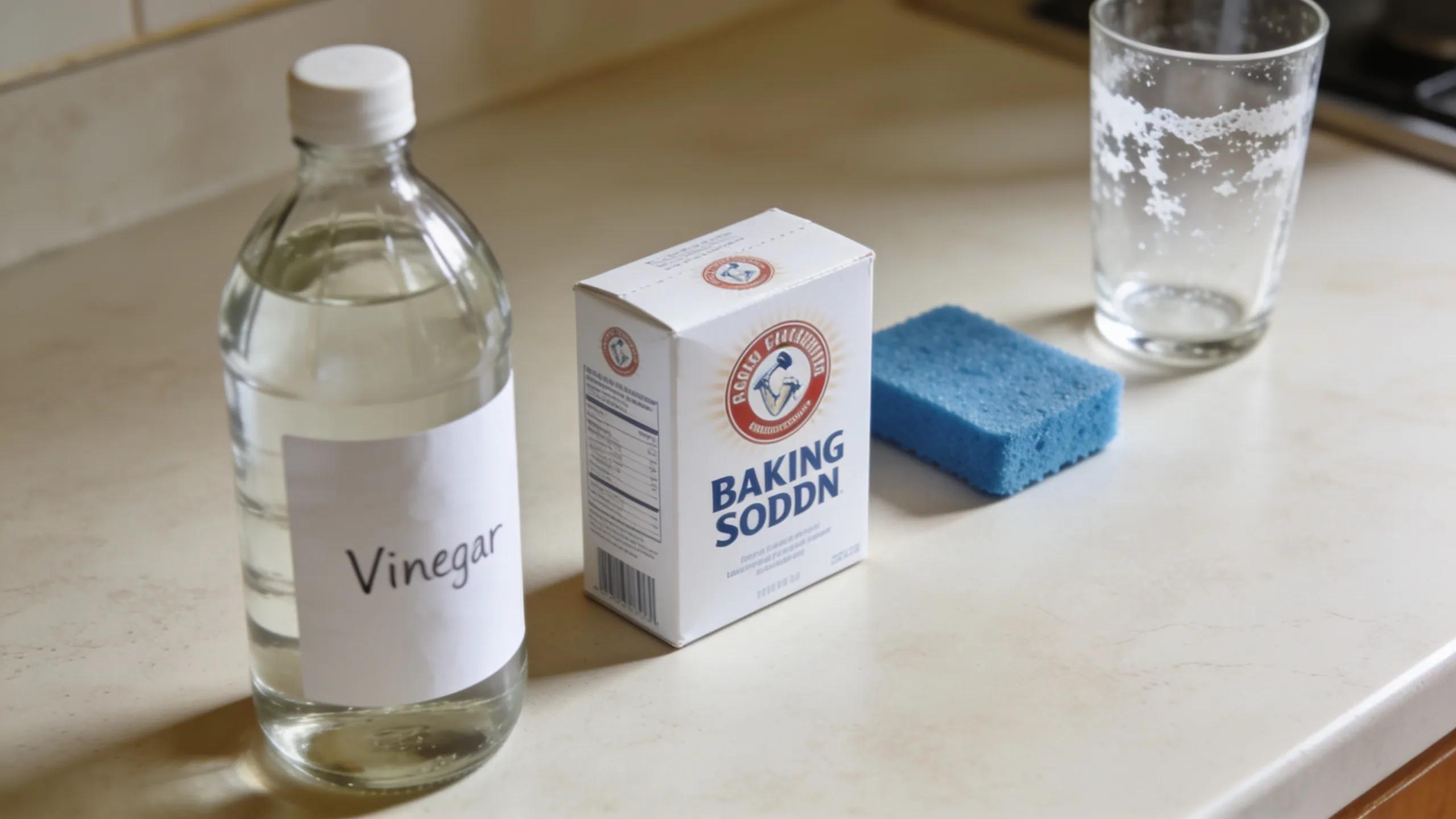 Household cleaning supplies including vinegar and baking soda with a stained glass surface in the background, highlighting effective stain removal methods.