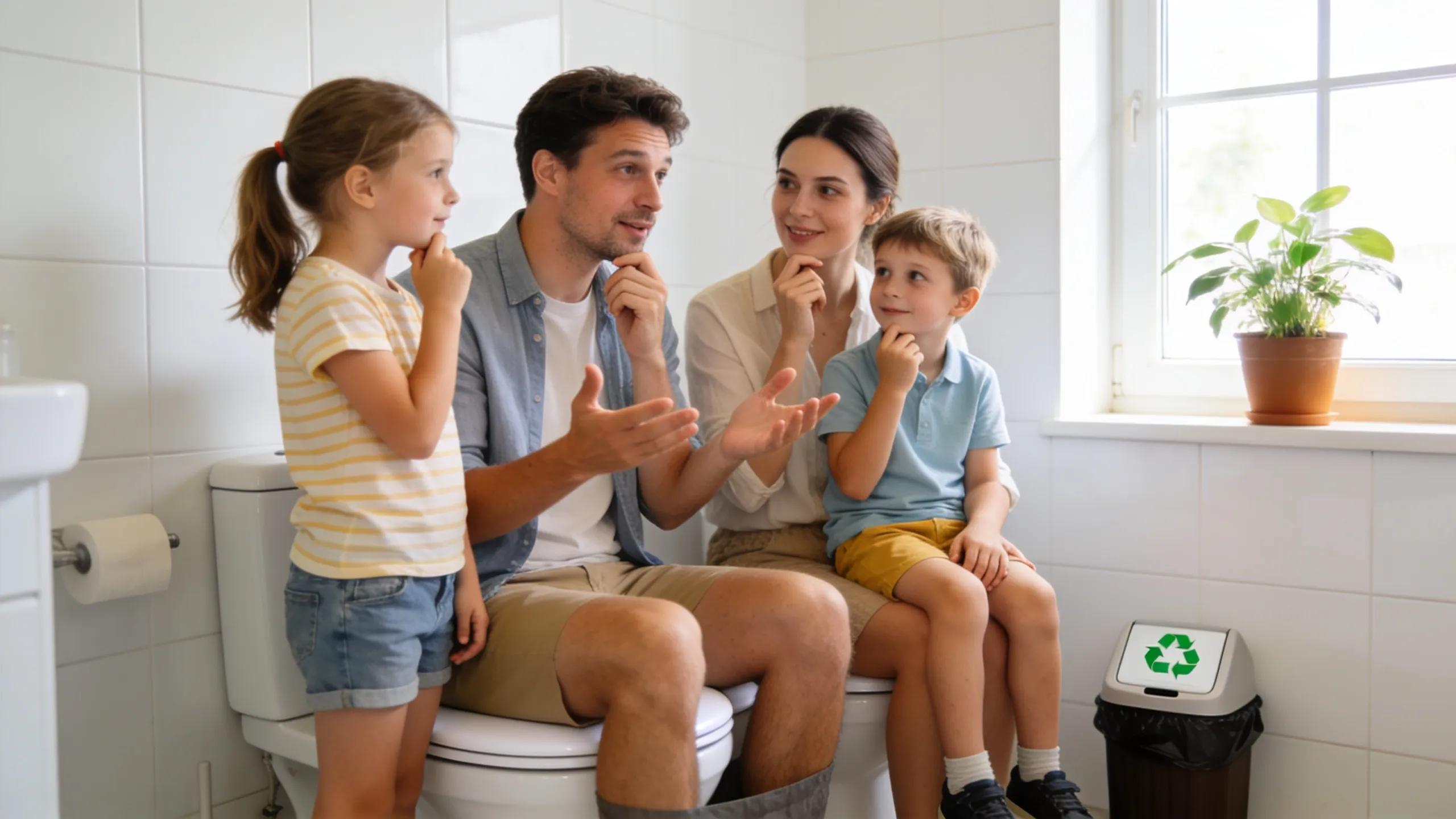 A family discussing toilet use habits in a bright bathroom, emphasizing responsible waste disposal