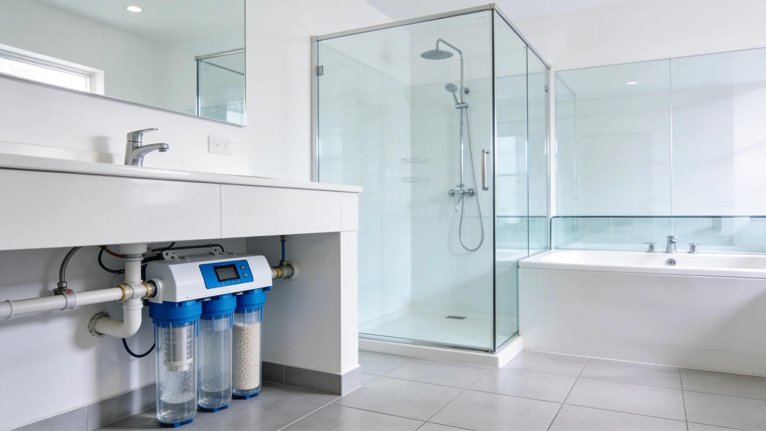 A modern water softening system in a bathroom with clear glass fixtures, illustrating the connection between soft water and reduced hard water stains.