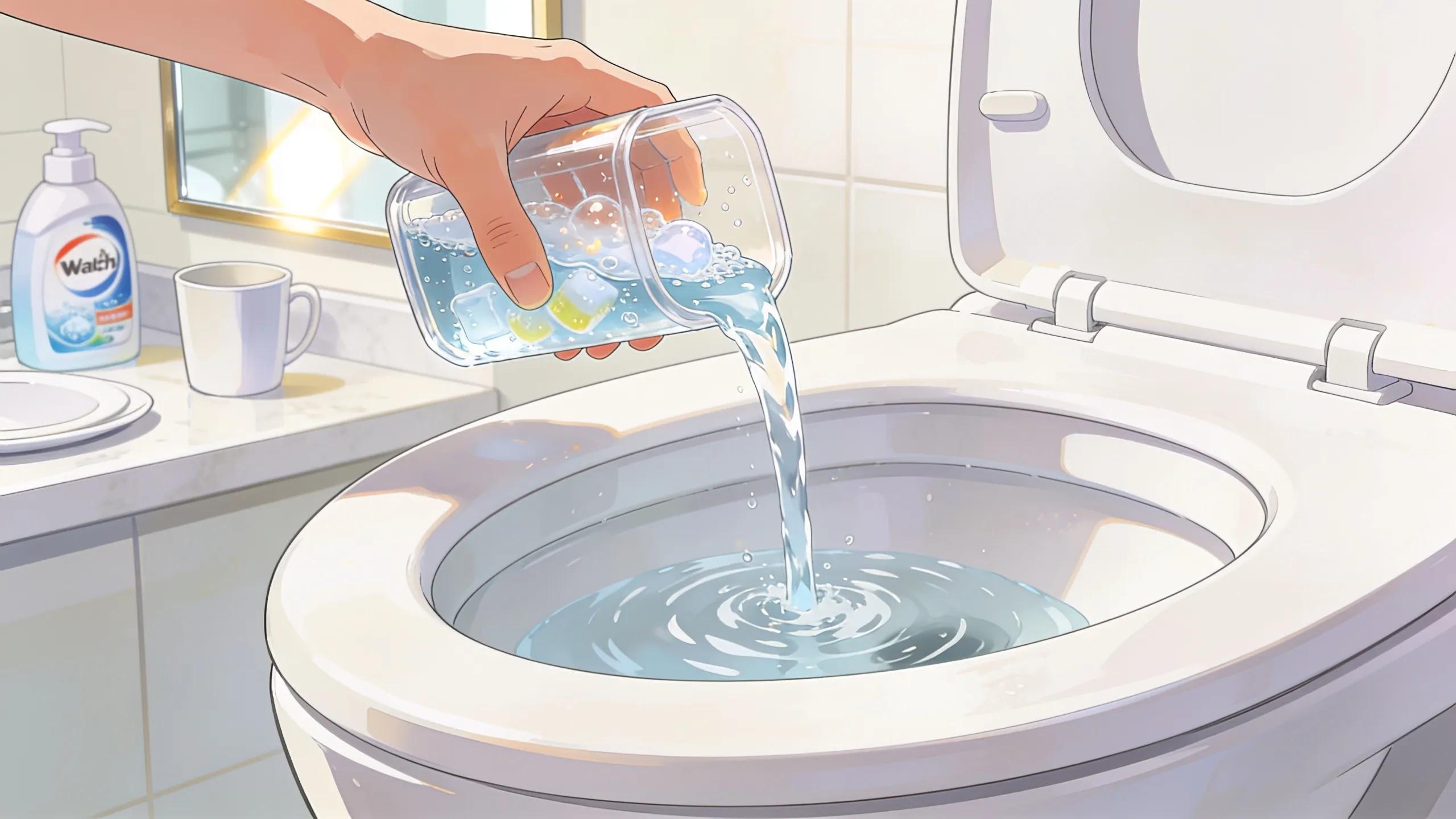 A person pouring a mixture of hot water and dish soap into a toilet bowl for unclogging