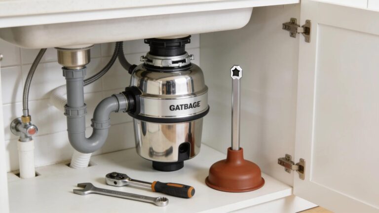 Garbage disposal unit in a modern kitchen setting with DIY tools for unclogging