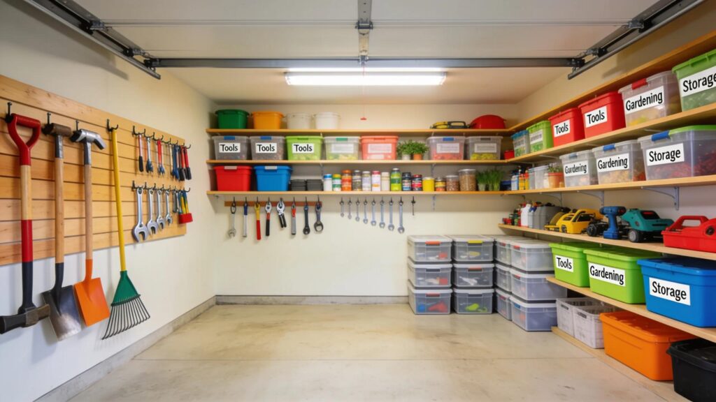 Organized garage with tools and storage solutions showcasing a clutter-free environment