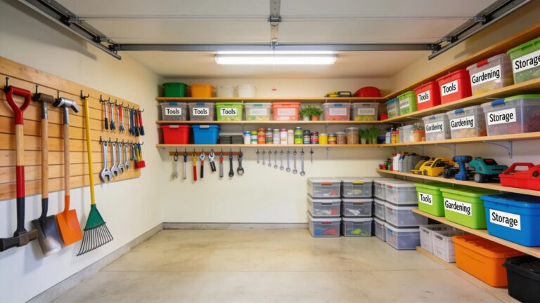 Organized garage with tools and storage solutions showcasing a clutter-free environment
