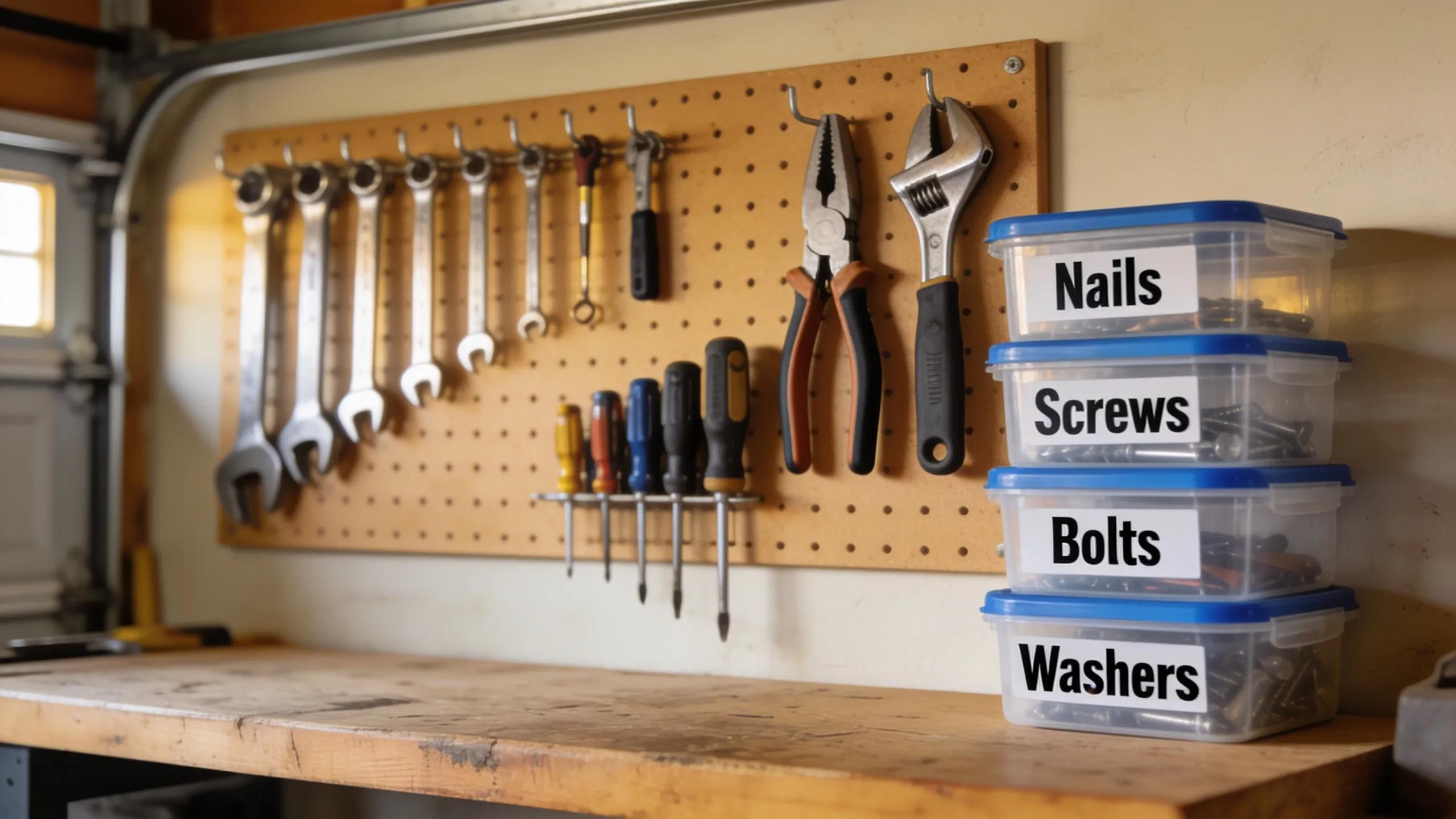 Organized tools on pegboard in a garage with labeled containers for efficient storage