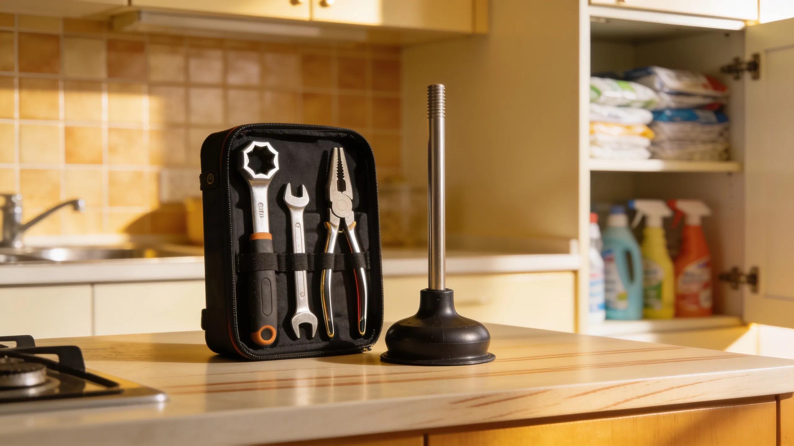 Essential tools for unclogging a garbage disposal arranged neatly in a kitchen workspace